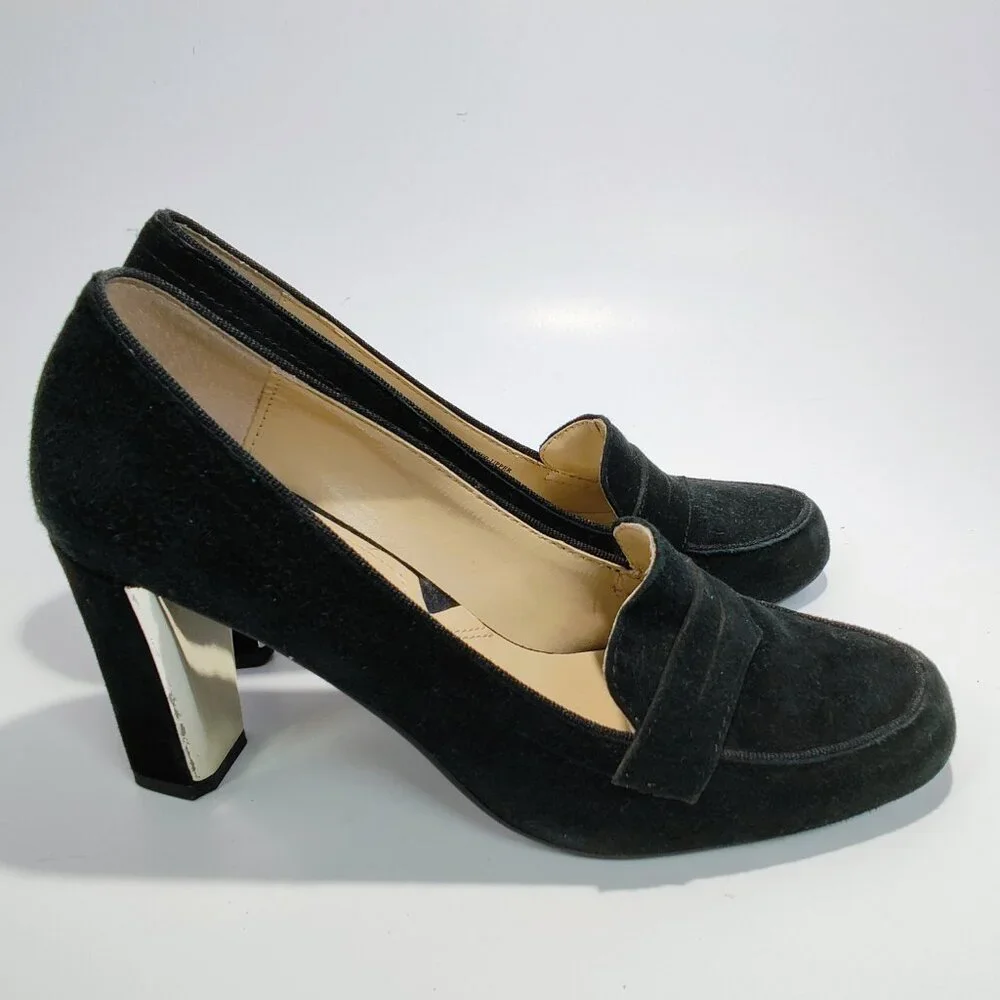 Adrienne Vittadini Women's Size 6M Black Suede‎ Penny Loafer Block Heels